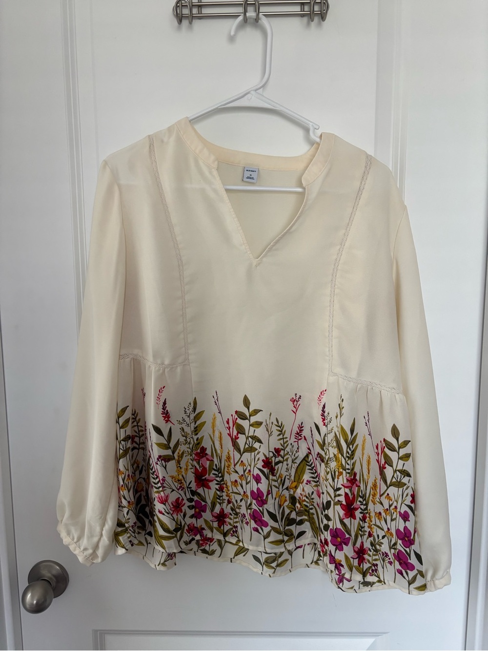 Old Navy Cream Blouse with Pink & Green Floral Border